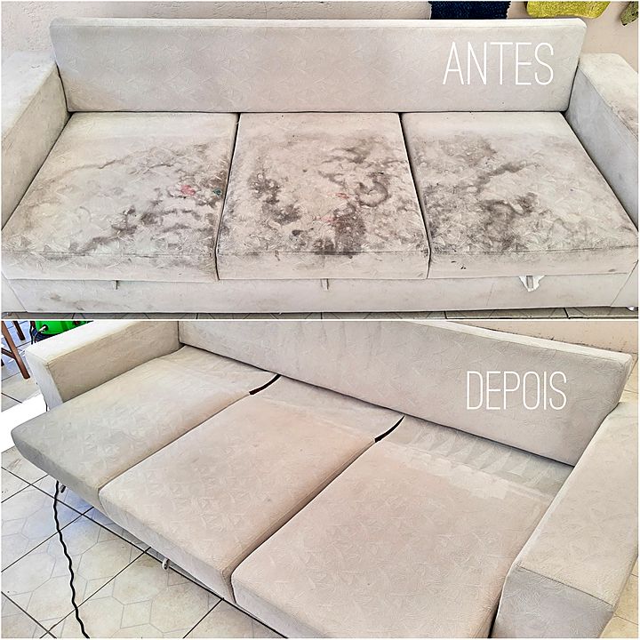Sofá claro com manchas antes e limpo depois