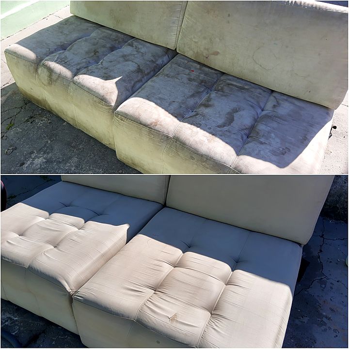 Sofá branco antes e depois da higienização